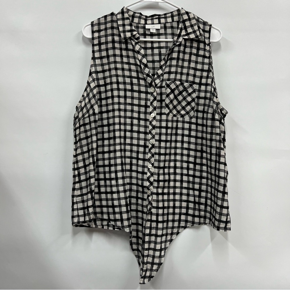 J. Jill Black White Gingham Silk Blend Button Down Tie Front Tank Top Sz large